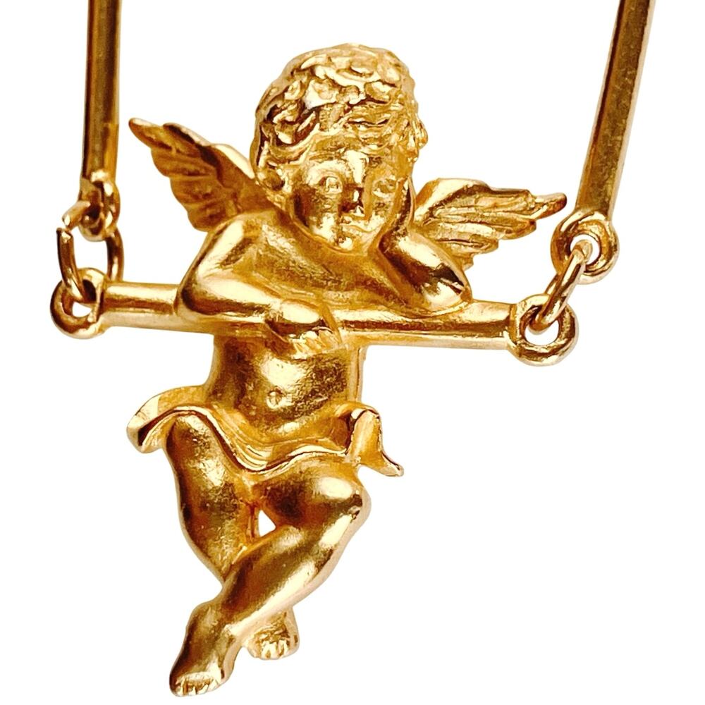 VTG Signed JJ Brooch Cherub Angel on Swing Figural 1980s Gold Tone Pin